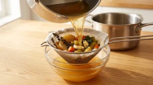 Pouring broth through a fine-mesh strainer into a large bowl to filter out spent vegetables, prepared for chicken soup recipe.
