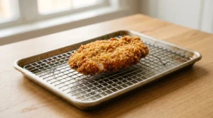 A crispy fried chicken cutlet resting on a wire cooling rack set over a baking sheet, prepared for a chicken katsu curry recipe.