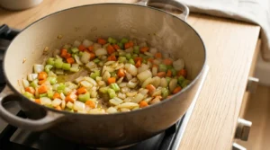 Diced onions, carrots, and celery sautéing in olive oil inside a large pot, prepared for chicken soup recipe.