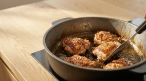 Seasoned chicken thighs searing in a hot pan until deeply browned, prepared for a hearty chicken stew.