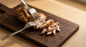 Using two forks to shred cooked chicken meat on a dark wooden cutting board, prepared for chicken soup recipe.