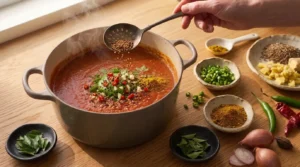Simmering tomatoes and water in a pot before blending into a smooth sauce, prepared for chicken curry from scratch.