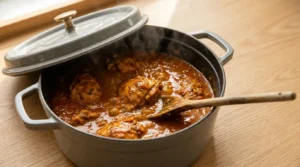 Chicken simmering in a rich tomato and spice sauce inside a covered pot, prepared for chicken curry from scratch.