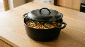 A covered pot steaming on a wooden surface, simmering on low for a hearty chicken stew.