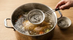 A hand using a fine-mesh strainer to skim grey foam from a simmering pot of soup, prepared for chicken soup recipe.