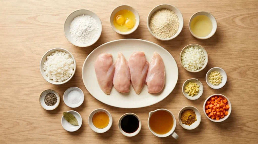 A flat lay arrangement of fresh ingredients including chicken breasts, rice, flour, eggs, panko, vegetables, broth, and curry spices, prepared for a chicken katsu curry recipe.