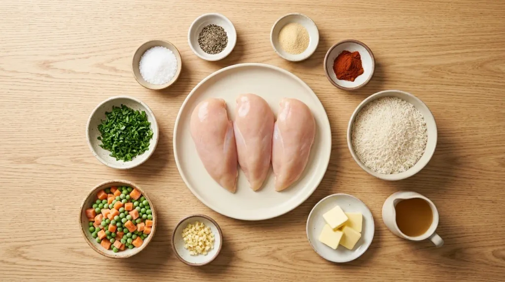 A flat lay arrangement of fresh ingredients including chicken thighs, long-grain white rice, spices, vegetables, butter, and broth, prepared for an Instant Pot Chicken and Rice recipe.