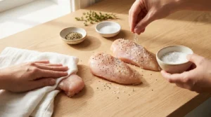 Ek haath se chicken breasts ko pat dry kiya ja raha hai aur doosre haath se un par namak aur kali mirch chhirki ja rahi hai, jo Instant Pot Chicken and Rice recipe ke liye taiyar kiya gaya hai.