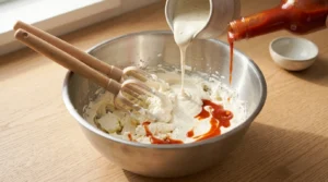 Ranch dressing aur hot sauce ko beaten cream cheese ke sath stainless steel bowl mein mix kiya ja raha hai, jo Buffalo Chicken Dip recipe ke liye tayar kiya gaya hai.