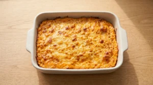 Ek freshly baked golden-brown Buffalo Chicken Dip ka casserole dish mein rest karta hua roop, jo serve karne ke liye tayar hai.