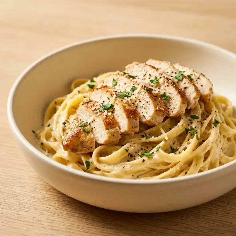 A close-up shot of a bowl of creamy fettuccine pasta topped with sliced grilled chicken, parmesan, and herbs, prepared for a chicken alfredo recipe.