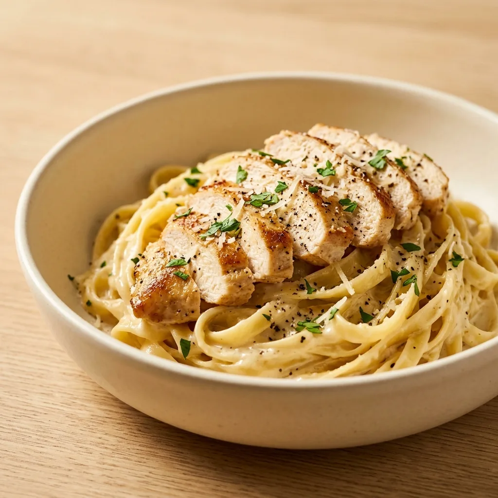 A close-up shot of a bowl of creamy fettuccine pasta topped with sliced grilled chicken, parmesan, and herbs, prepared for a chicken alfredo recipe.