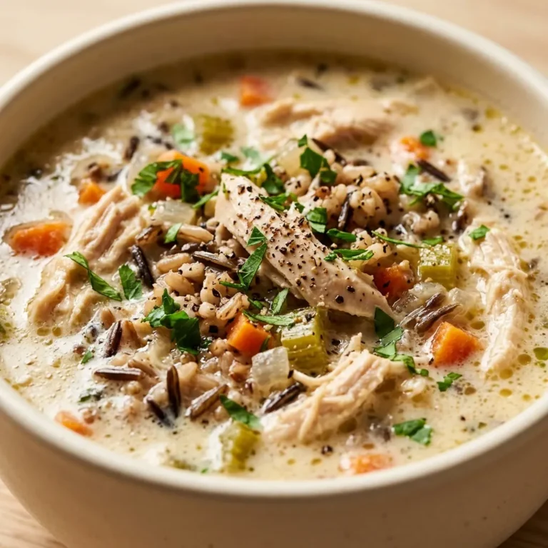A close-up view of a bowl filled with creamy chicken and wild rice soup, garnished with herbs, prepared for a chicken and wild rice soup recipe.