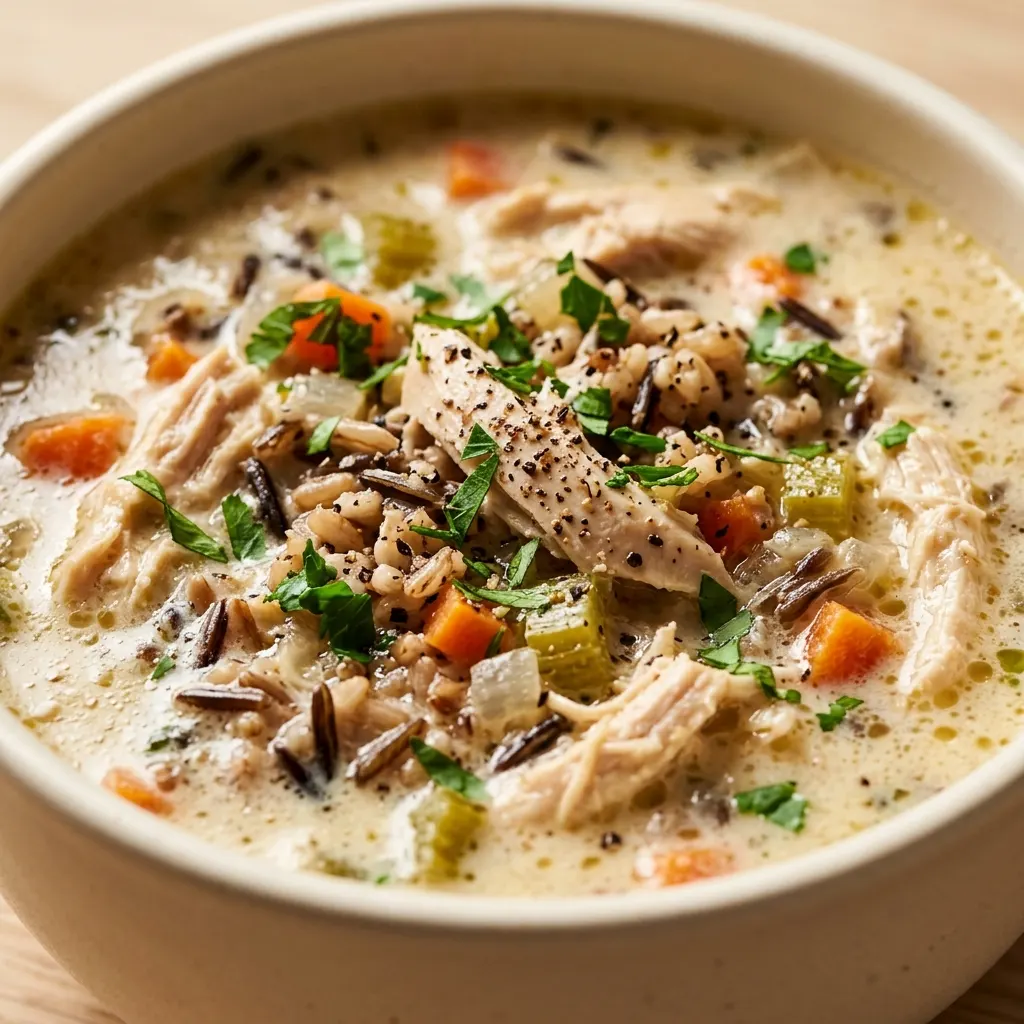 A close-up view of a bowl filled with creamy chicken and wild rice soup, garnished with herbs, prepared for a chicken and wild rice soup recipe.