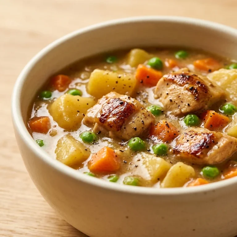 A close-up view of a warm, comforting bowl filled with tender chicken pieces, potatoes, carrots, and peas in a rich broth, prepared for a hearty chicken stew.