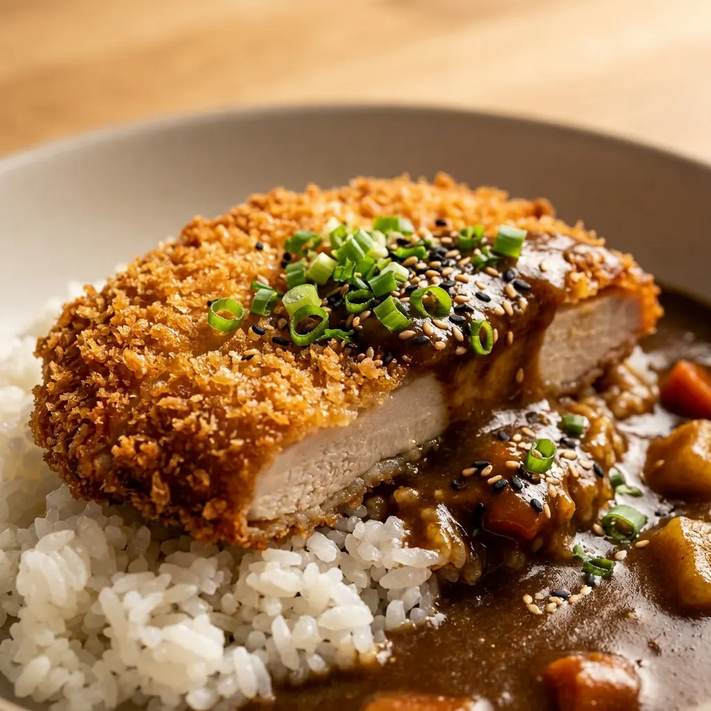 A close-up of a crispy chicken katsu cutlet sliced in half, served over a bed of white rice with thick curry sauce and vegetables, topped with green onions and sesame seeds, prepared for a chicken katsu curry recipe.