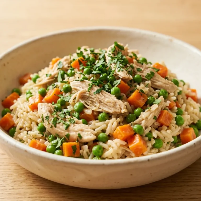 A close-up bowl of fluffy rice mixed with tender shredded chicken, green peas, diced carrots, and fresh parsley, prepared for an Instant Pot Chicken and Rice recipe.