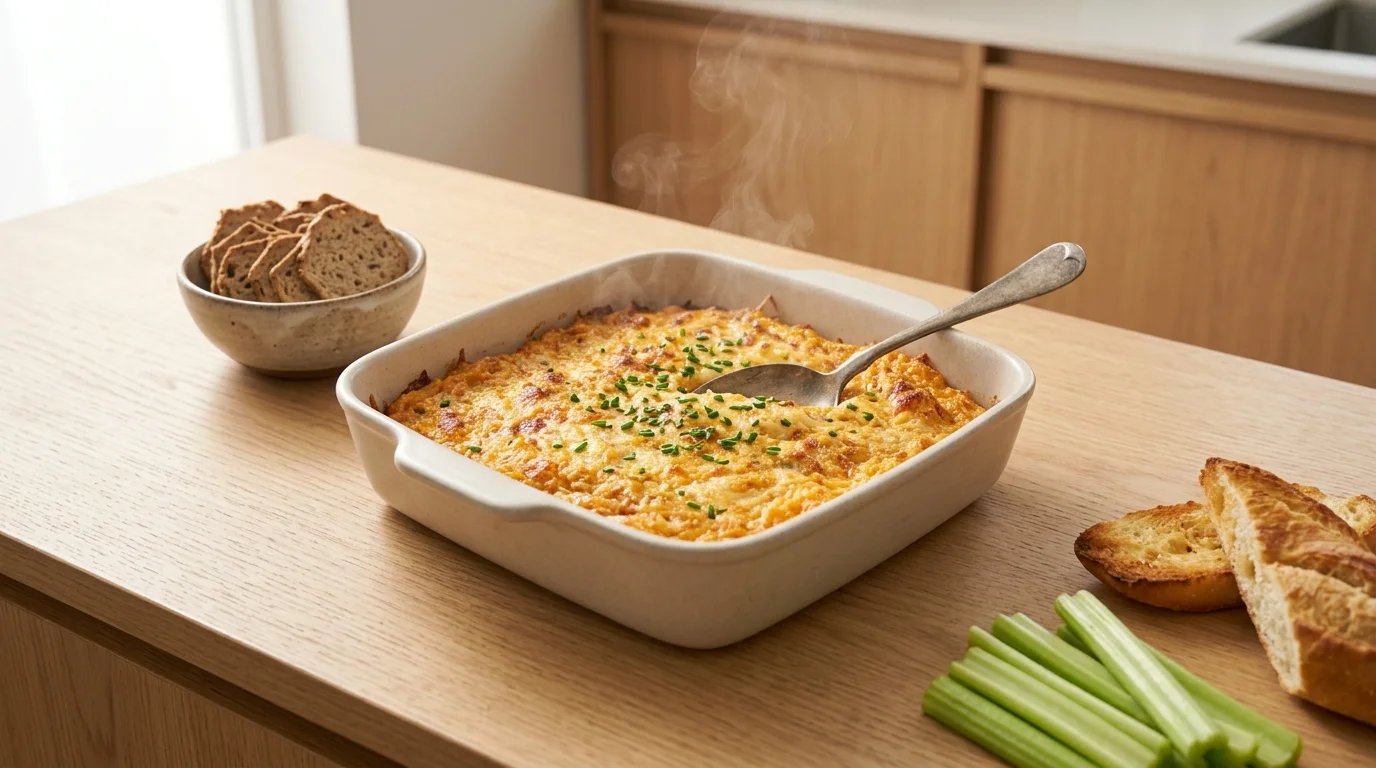 A steaming casserole dish of freshly baked Buffalo Chicken Dip served with crackers, celery sticks, and sliced bread on a wooden tabletop, prepared for a Buffalo Chicken Dip recipe.