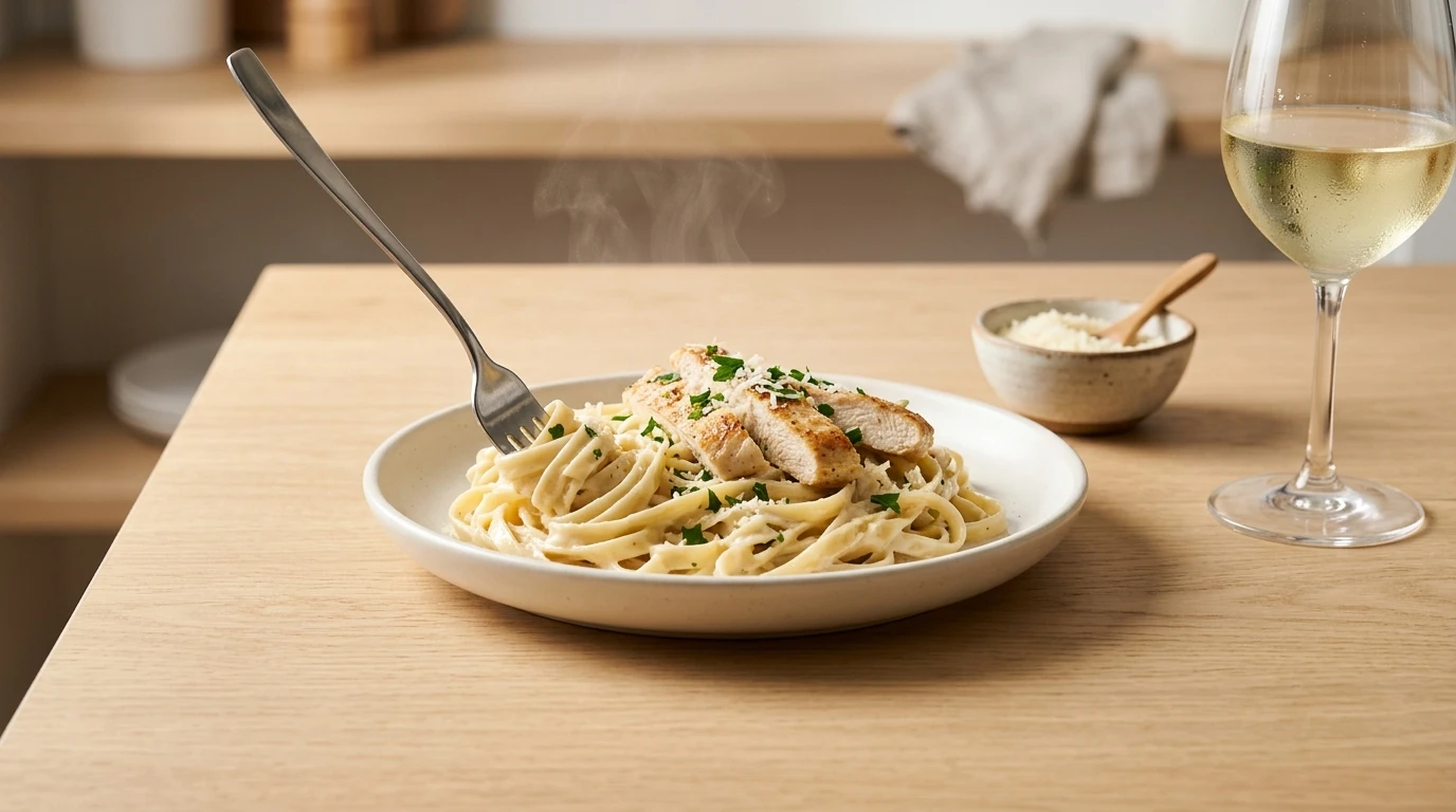 A fork lifting a bite of creamy fettuccine pasta topped with sliced chicken next to a glass of white wine, prepared for a chicken alfredo recipe.