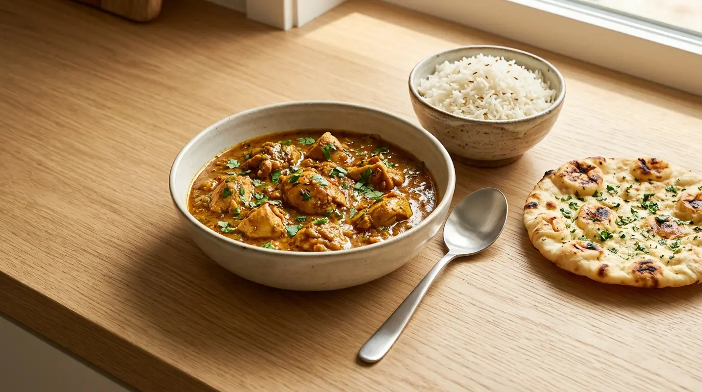 A bowl of chicken curry served with a side of rice and naan on a light wooden countertop, prepared for chicken curry from scratch.