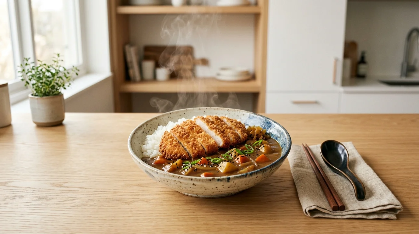 A steaming bowl of chicken katsu curry served with white rice, sliced crispy cutlet, and rich curry sauce on a wooden tabletop, prepared for a chicken katsu curry recipe.