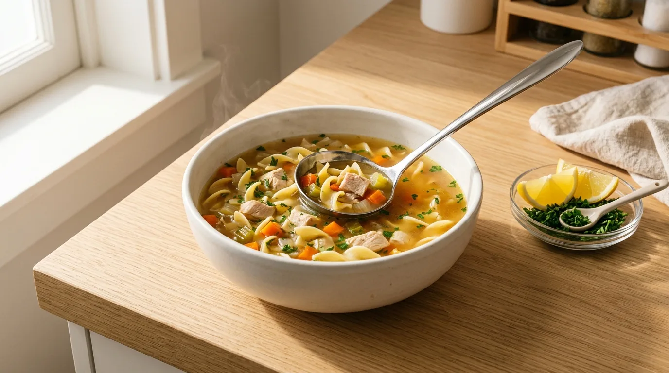 A large bowl of homemade chicken soup with a ladle resting inside, accompanied by lemon wedges and fresh herbs on a light wood countertop, prepared for chicken soup recipe.