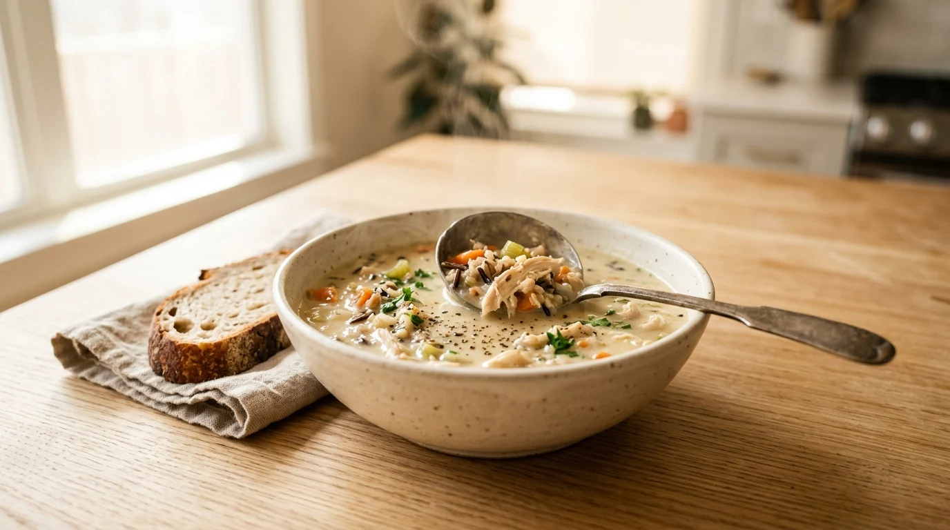 A ladle lifting a scoop of creamy chicken and wild rice soup next to a slice of bread, prepared for a chicken and wild rice soup recipe.