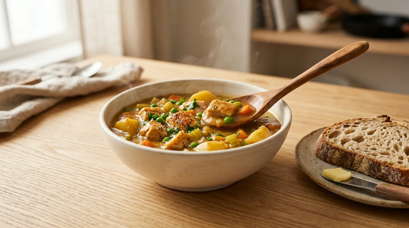 A wooden spoon lifting a spoonful of steaming chicken stew from a bowl next to a slice of bread, prepared for a hearty chicken stew.