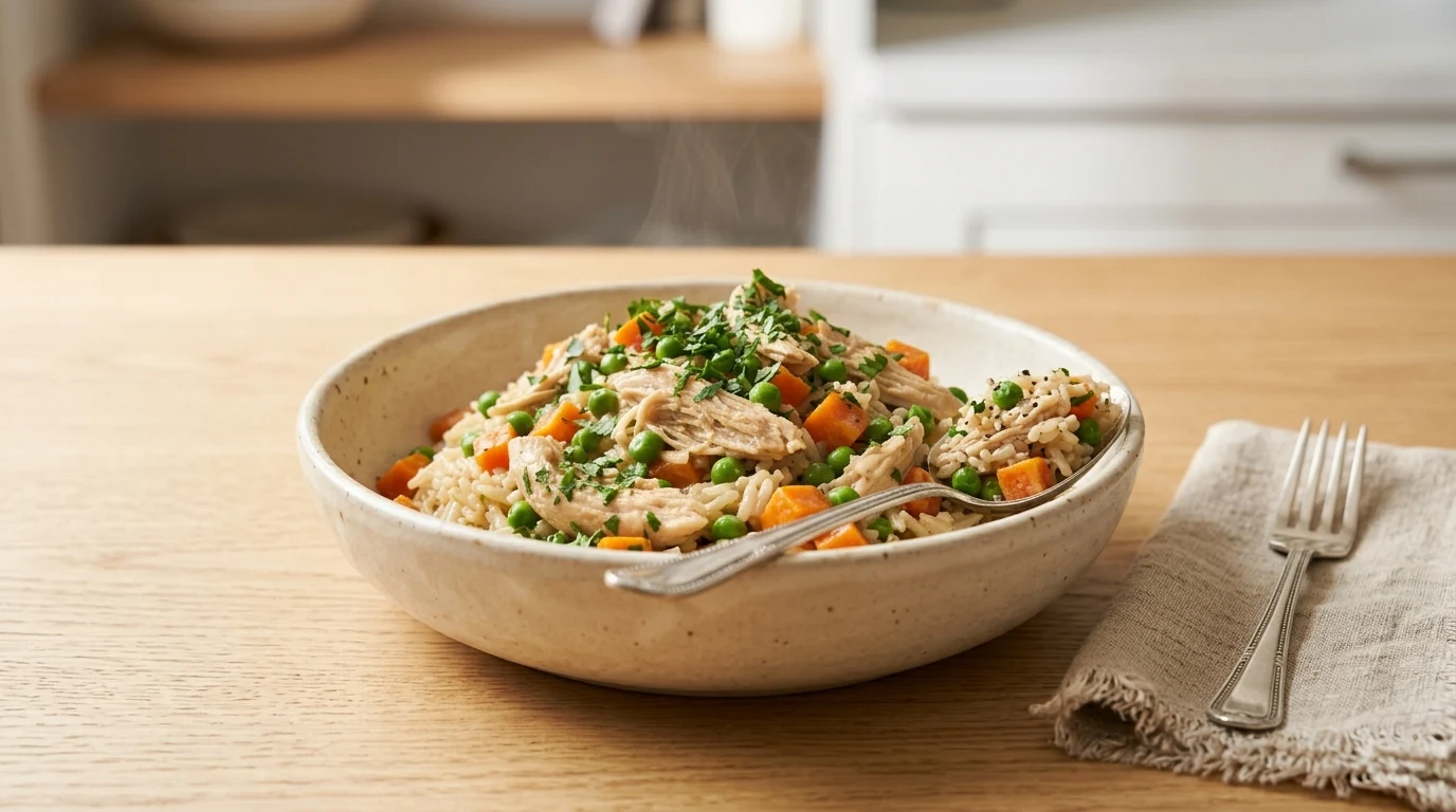 A steaming bowl of Instant Pot Chicken and Rice filled with shredded chicken, peas, and carrots, served with a spoon and fork on a wooden table.