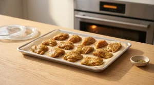 Marinated chicken pieces ko baking sheet par aik single layer mein faasle par rakha ja raha hai, jo chicken shawarma recipe ke liye tayar kiya gaya hai.