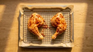 Marinated chicken quarters placed skin-side up on a wire rack for baking Piri Piri Chicken.