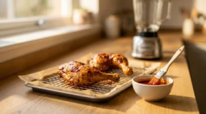 Basting roasted chicken with sauce using a brush for Piri Piri Chicken.