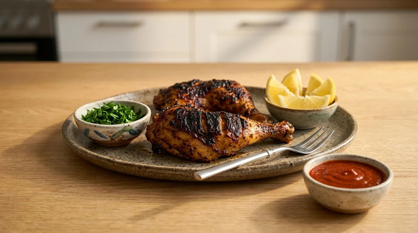 Plated roasted Piri Piri Chicken legs served with lemon wedges, fresh parsley, and spicy dipping sauce on a light oak counter.