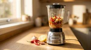 Blender jar filled with chillies, garlic, lemon, and spices to make Piri Piri Chicken marinade.