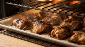 Oven mein broil hote hue chicken shawarma ke pieces jin par halki si charred edges nazar aa rahi hain, jo chicken shawarma recipe ke liye tayar kiya gaya hai.