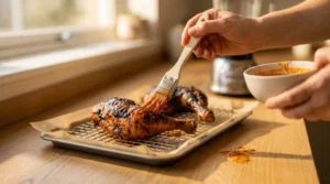 Charred Piri Piri Chicken quarters being brushed with sauce after broiling.