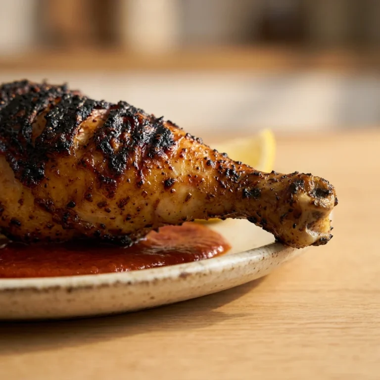 Crispy roasted chicken leg with charred skin served over red sauce for Piri Piri Chicken.