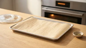 Oven ko 230°C (450°F) par heat kiya ja raha hai aur baking sheet ko line kiya gaya hai, jo chicken shawarma recipe ke liye tayar kiya gaya hai.