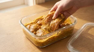 Chicken pieces ko spiced marinade ke sath glass container mein achhi tarah coat kiya ja raha hai, jo chicken shawarma recipe ke liye tayar kiya gaya hai.