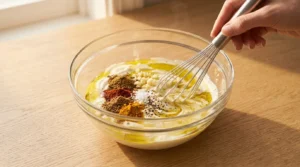 Yogurt, oil, lemon juice, garlic, aur spices ko glass bowl mein whisk kiya ja raha hai, jo chicken shawarma recipe ke liye tayar kiya gaya hai.