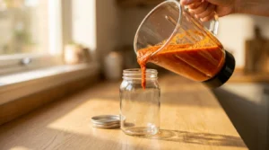 Pouring blended sauce into a clean glass jar to reserve basting sauce for Piri Piri Chicken.