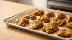 Roasting step ke dauran chicken shawarma ko oven mein pakaya ja raha hai, jo chicken shawarma recipe ke liye tayar kiya gaya hai.