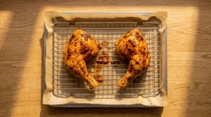 Golden roasted chicken quarters cooking on a baking rack for Piri Piri Chicken.