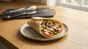 Garmi-garam pita bread mein sliced chicken shawarma ko sauce, tomatoes, cucumber, aur onions ke sath serve kiya ja raha hai, jo chicken shawarma recipe ke liye tayar kiya gaya hai.
