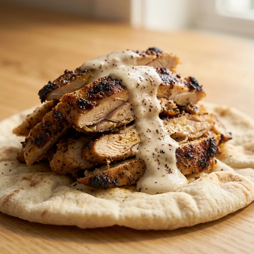 A close-up shot of freshly roasted and sliced chicken shawarma drizzled with creamy garlic sauce and served on warm pita bread, prepared for a chicken shawarma recipe.