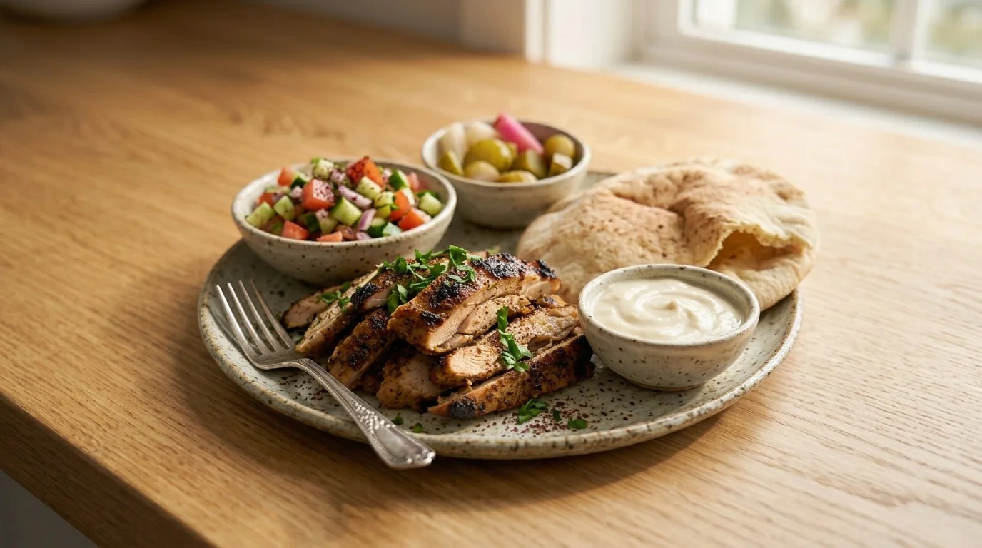 Ek plate mein sliced chicken shawarma, pita bread, fresh salad, pickles aur garlic sauce ko ek sath sajaya gaya hai, jo chicken shawarma recipe ke liye tayar kiya gaya hai.